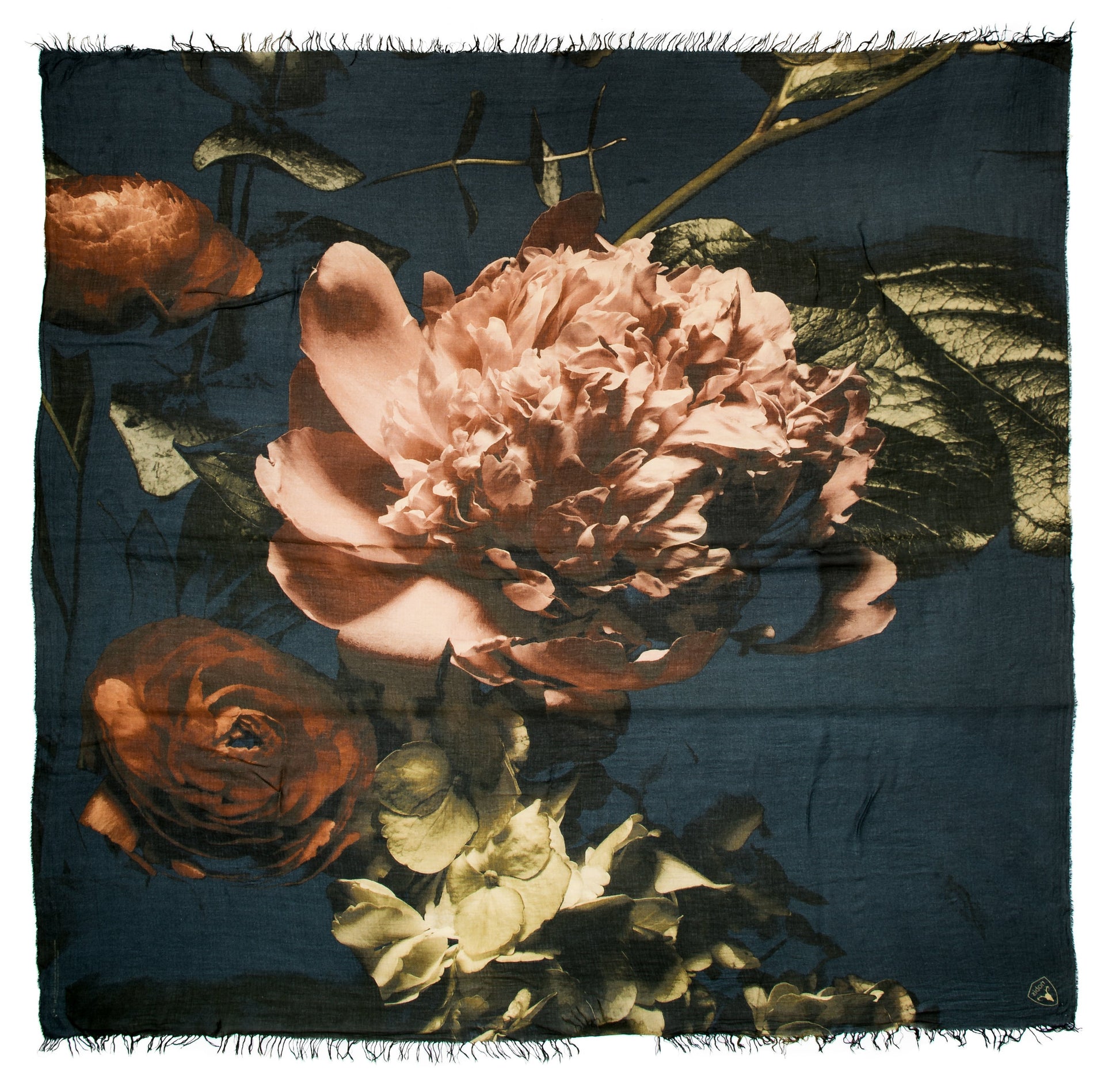 Square modal cashmere blend scarf with fringe edges in a Floral Print