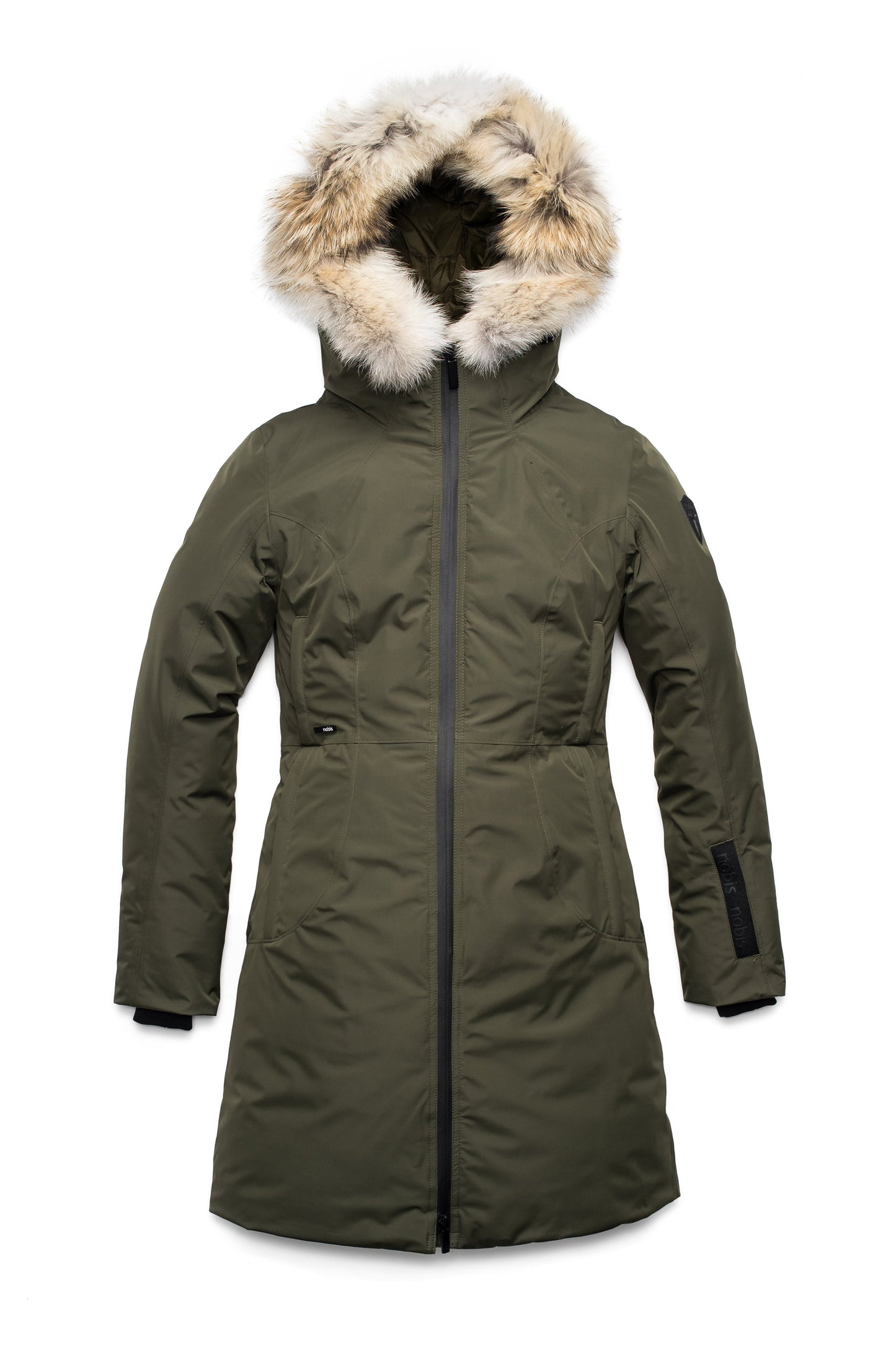 Ladies thigh length down-filled parka with non-removable hood and removable coyote fur trim in Fatigue