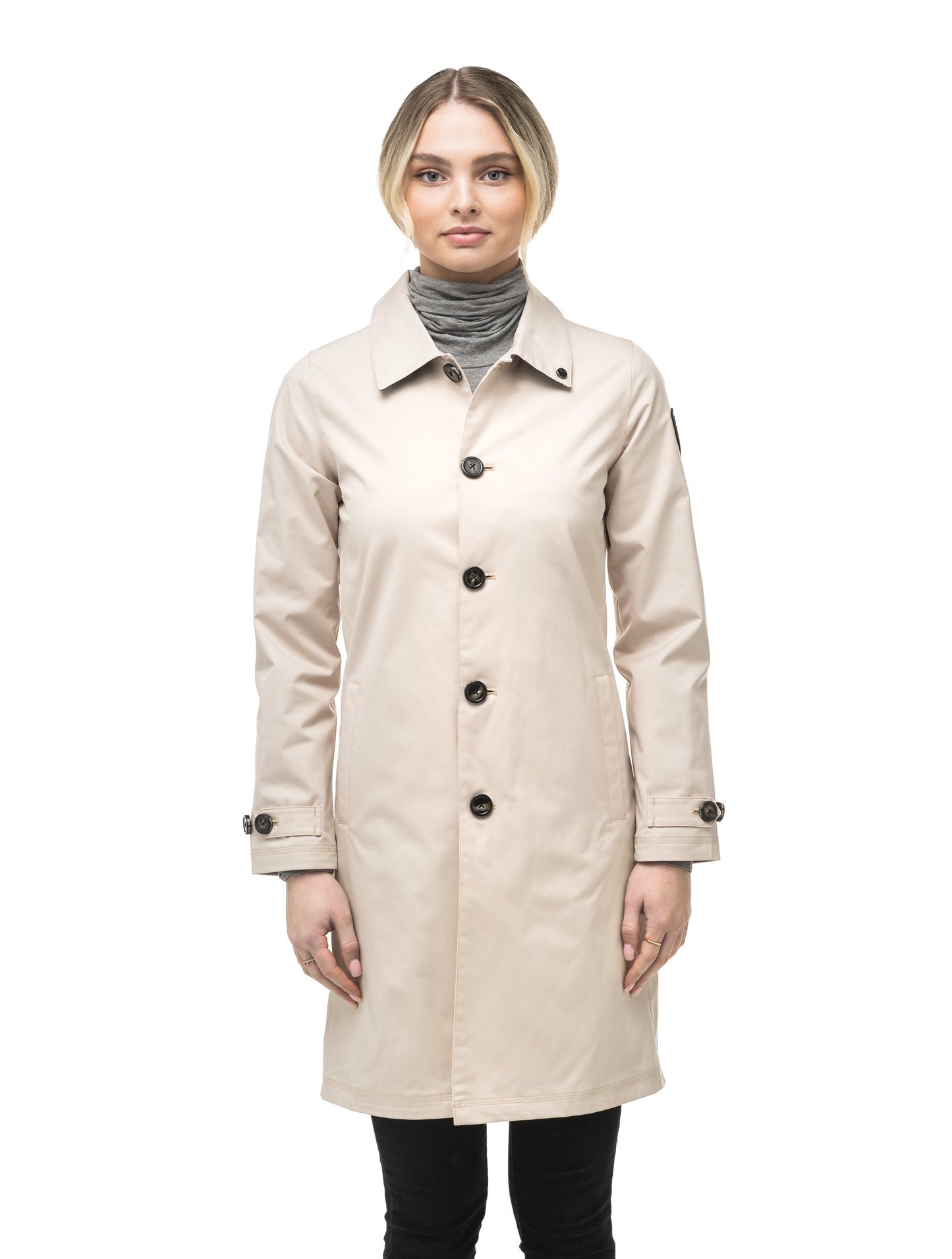 Women's thigh length Mackintosh jacket in Camel