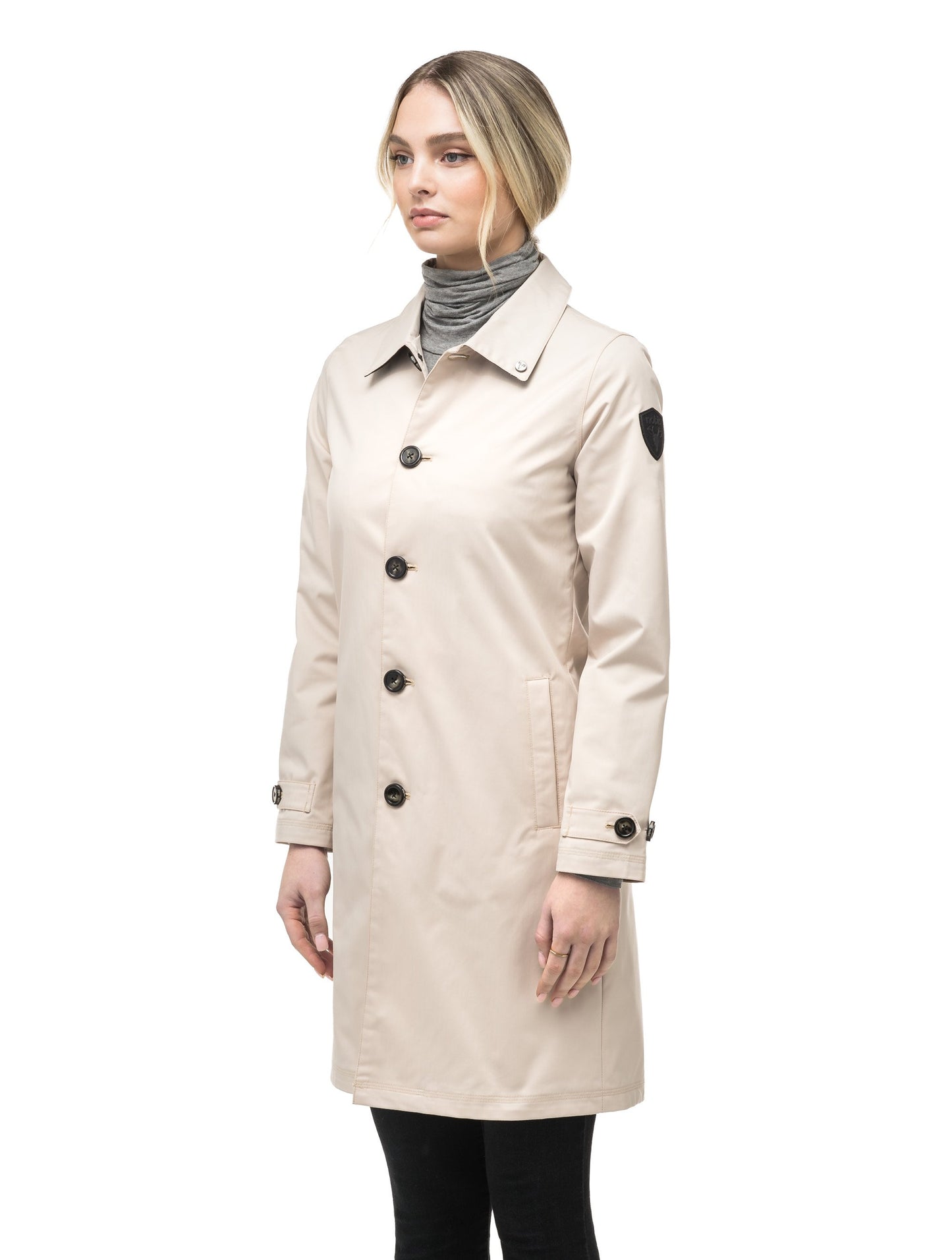 Women's thigh length Mackintosh jacket in Camel