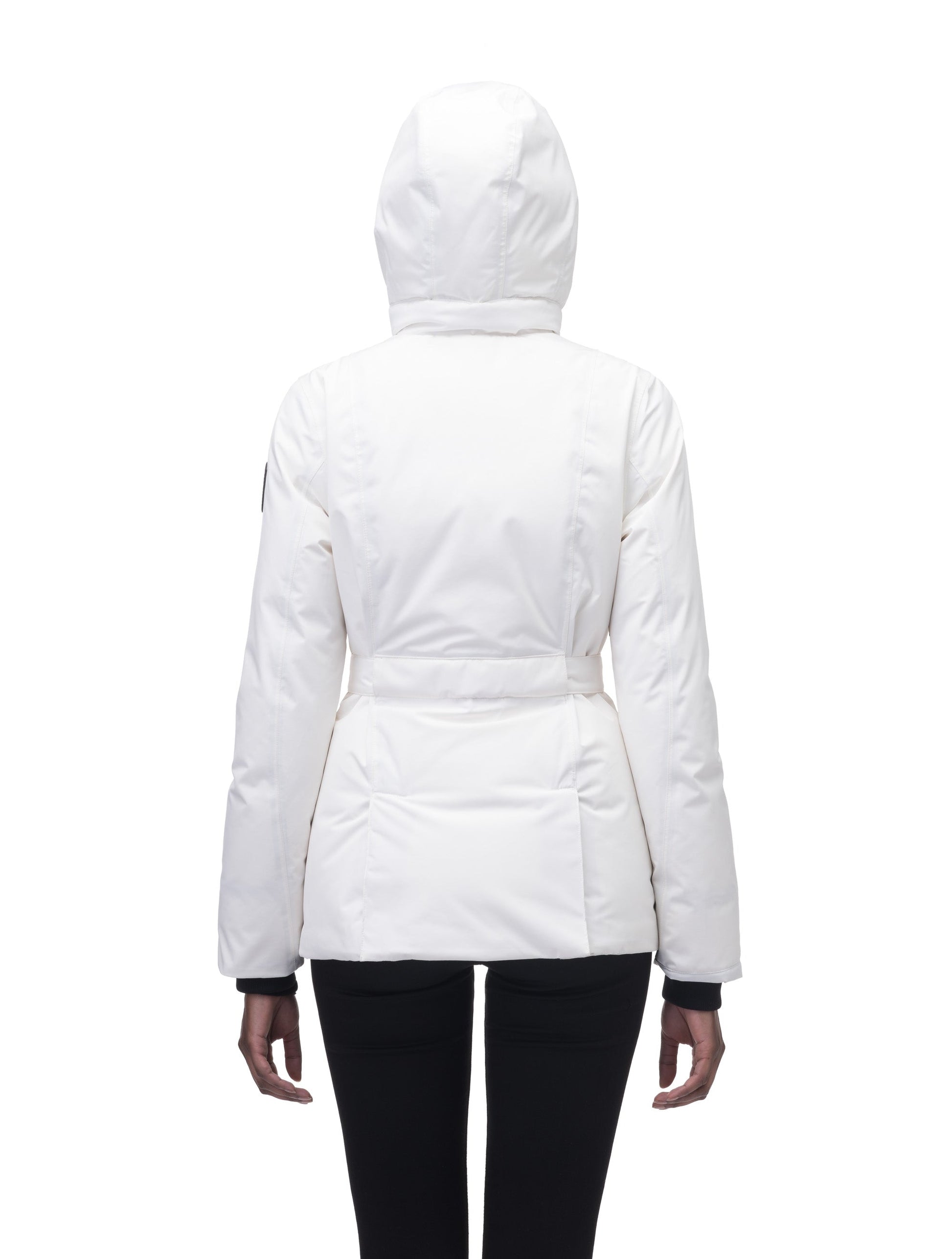 Ladies hip length down-filled parka with non-removable hood and adjustable belt in Chalk