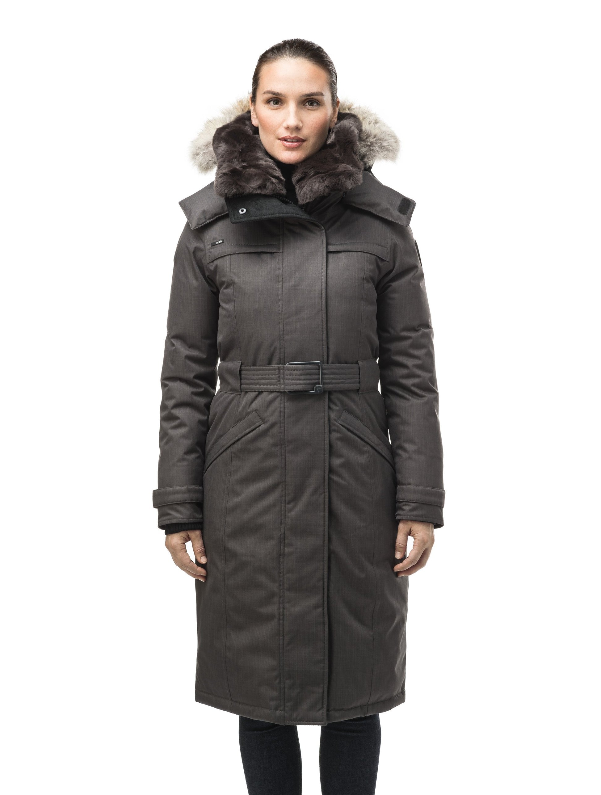 Women's knee length down filled parka with a belted waist and fully removable Coyote and Rex Rabbit fur ruffs in CH Steel Grey