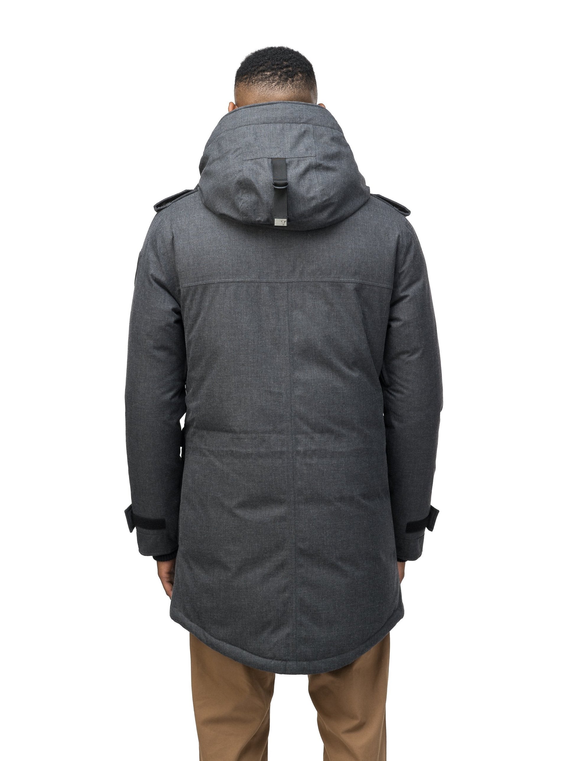Men's down filled parka with faux button magnet closures and fur free hood with a fishtail hemline in H. Charcoal