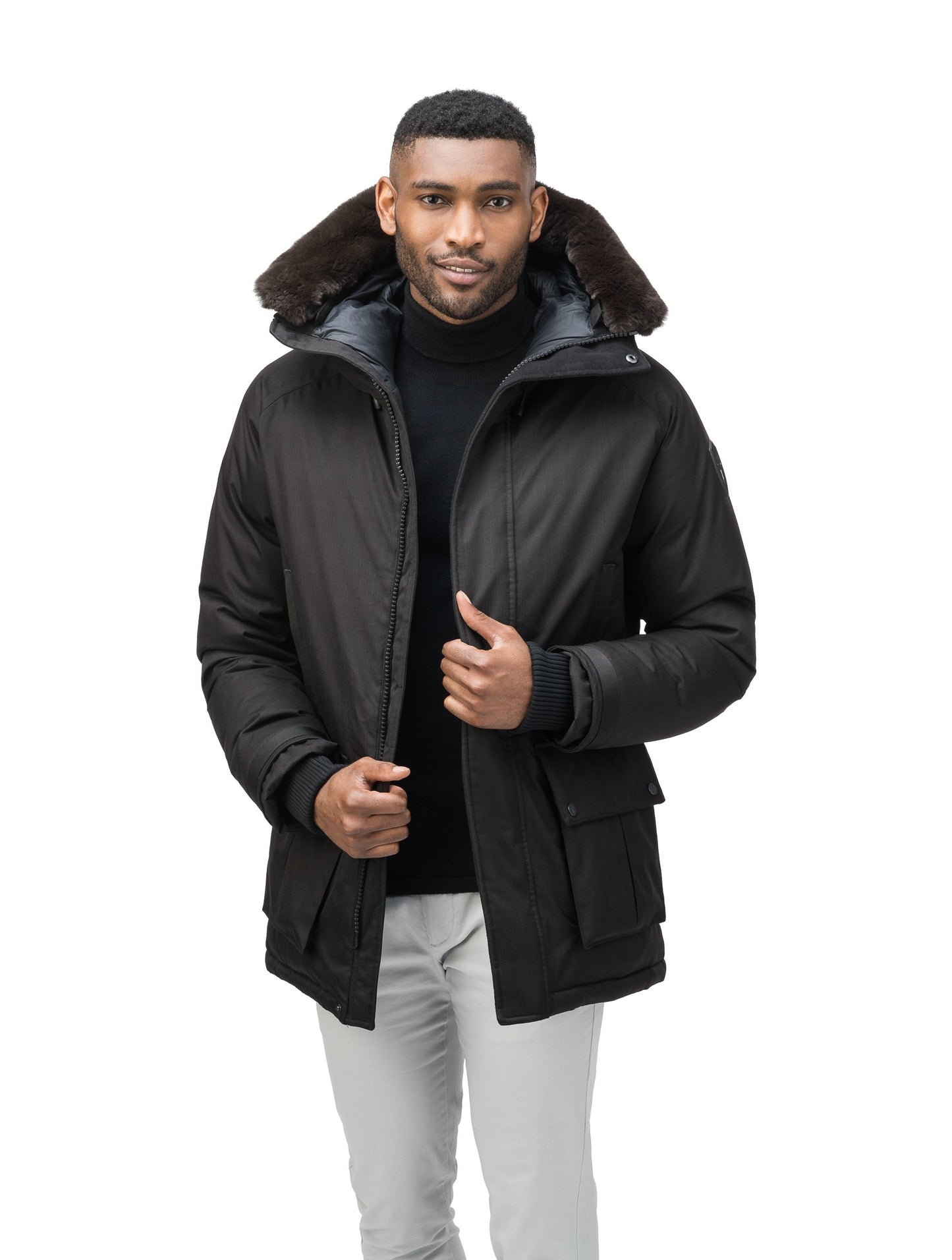 A classic men's bomber jacket with luxurious Rex Rabbit fur ruff trim in CH Black