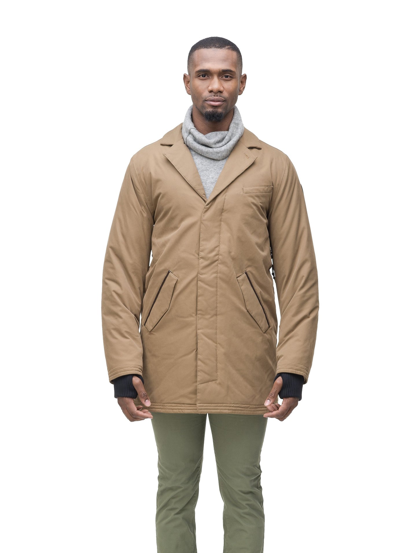 Men's classic overcoat that's lightly down filled, windproof and waterproof in Tan
