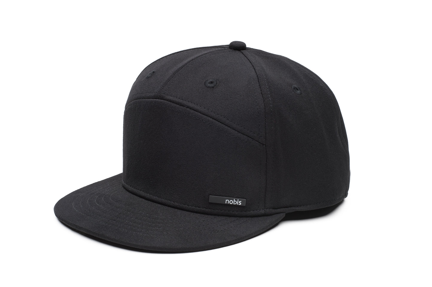 Unisex 7-panel snapback hat with flat brim and structured crown in Black