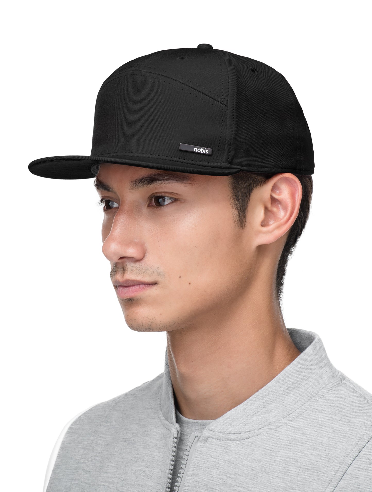 Unisex 7-panel snapback hat with flat brim and structured crown in Black