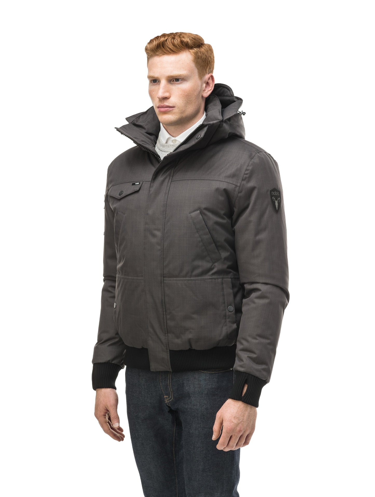 Men's sleek down filled bomber jacket with clean details and a fur free hood in CH Steel Grey
