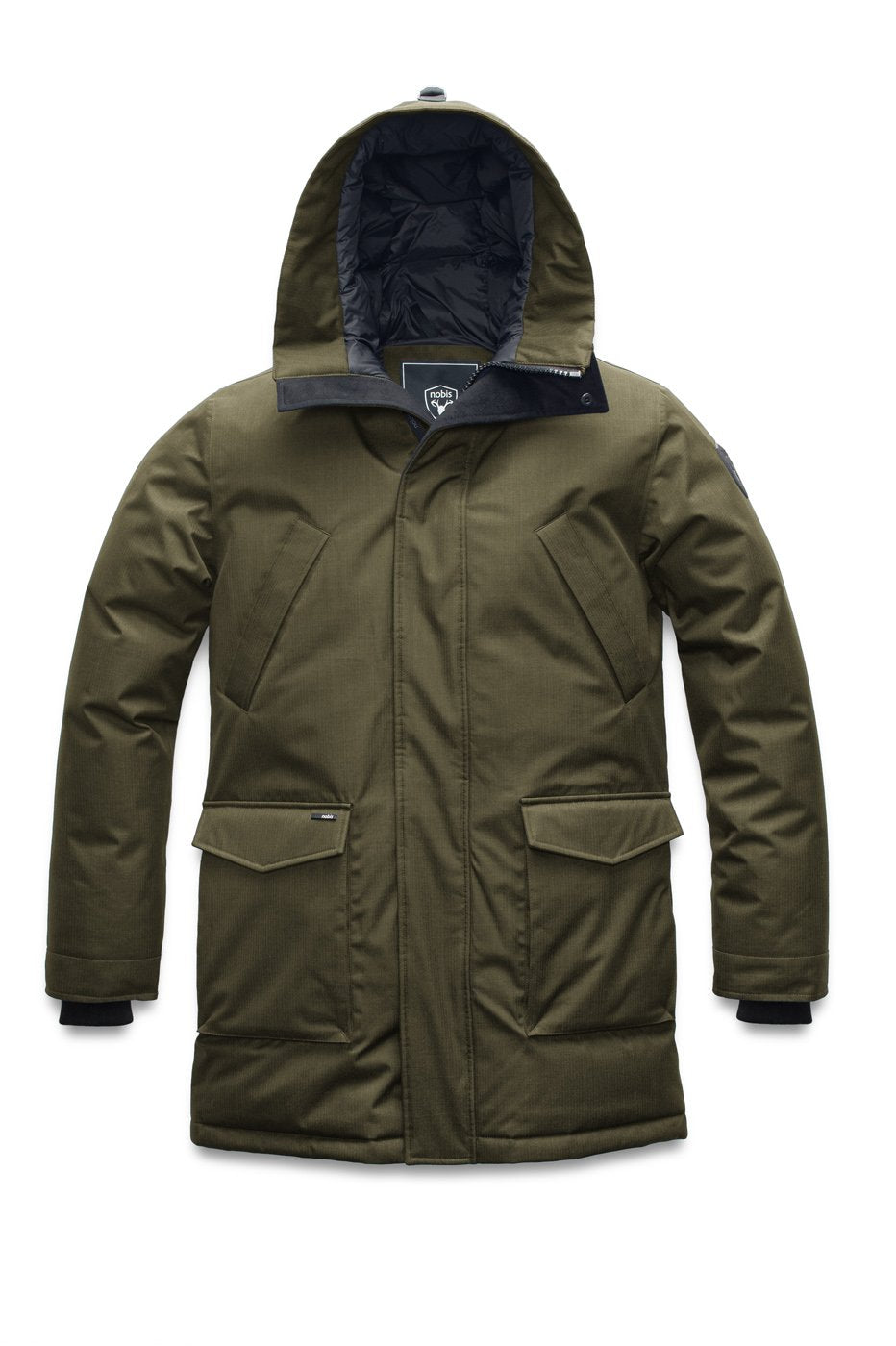 Men's thigh length down-filled parka with non-removable hood in Fatigue
