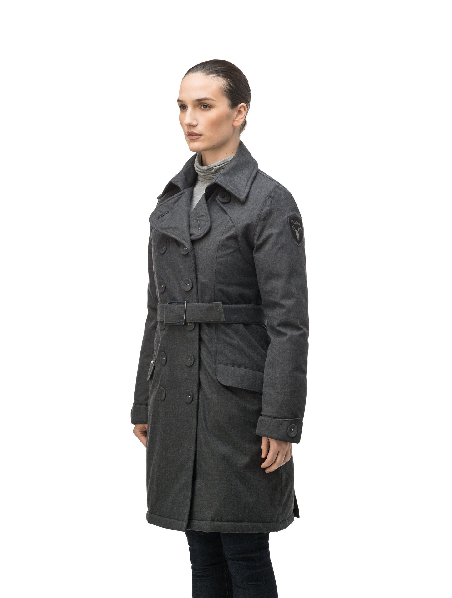 Women's down filled double breasted peacoat with a belted waist in H. Charcoal