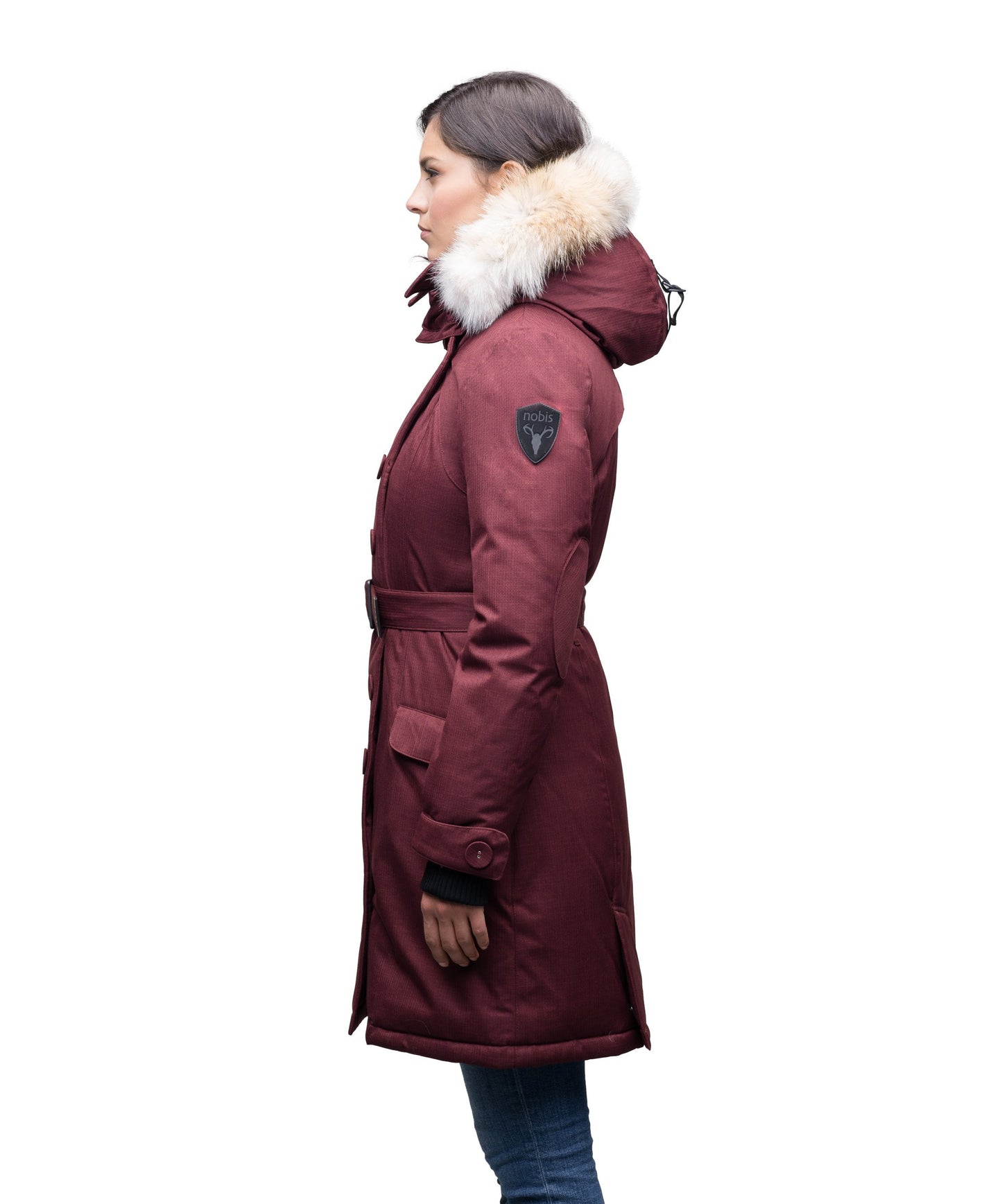 Women's down filled double breasted peacoat with a belted waist in CH Red Rum