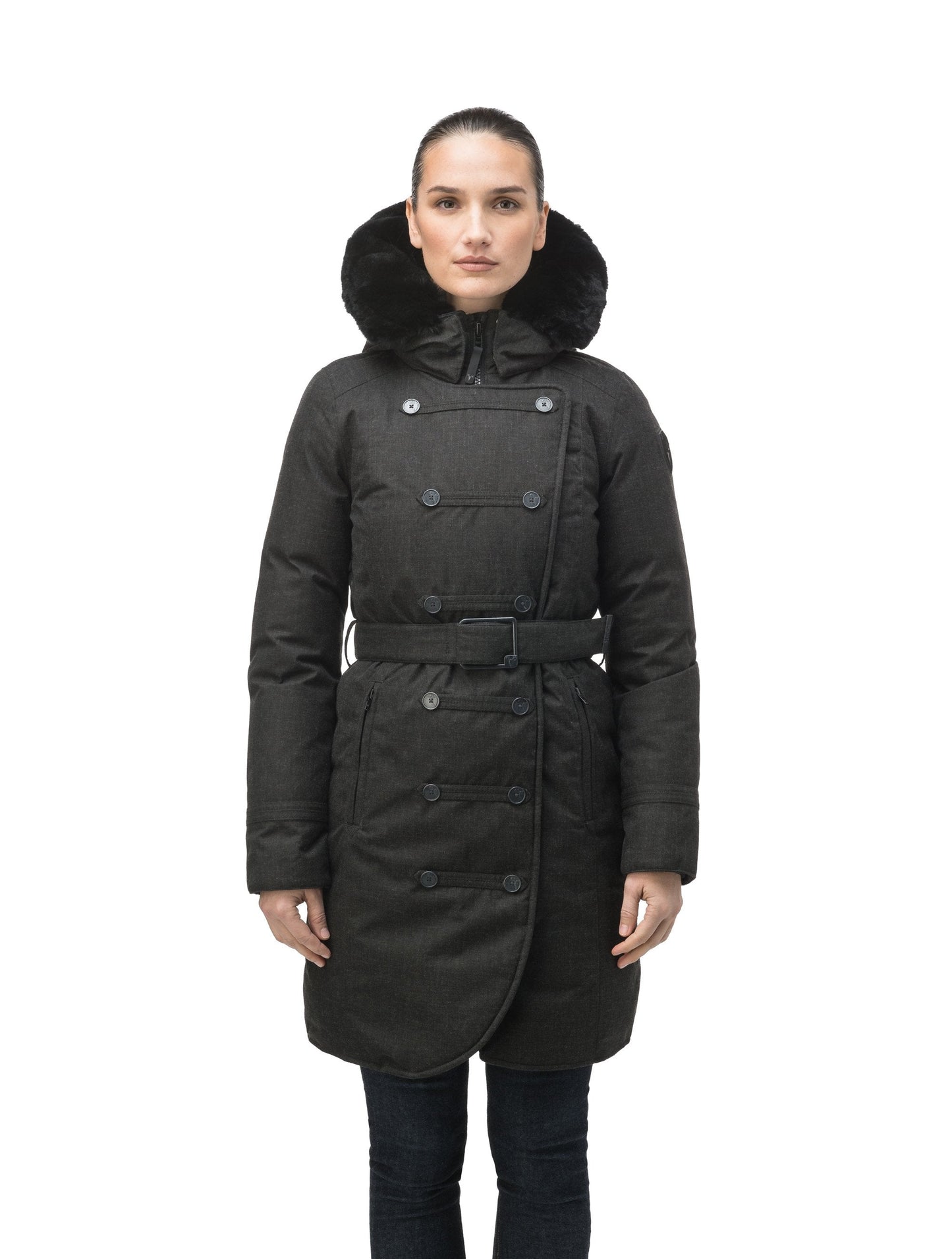 Women's down filled calf length parka with belted waist, and removable Rex Rabbit fur collar in H. Black