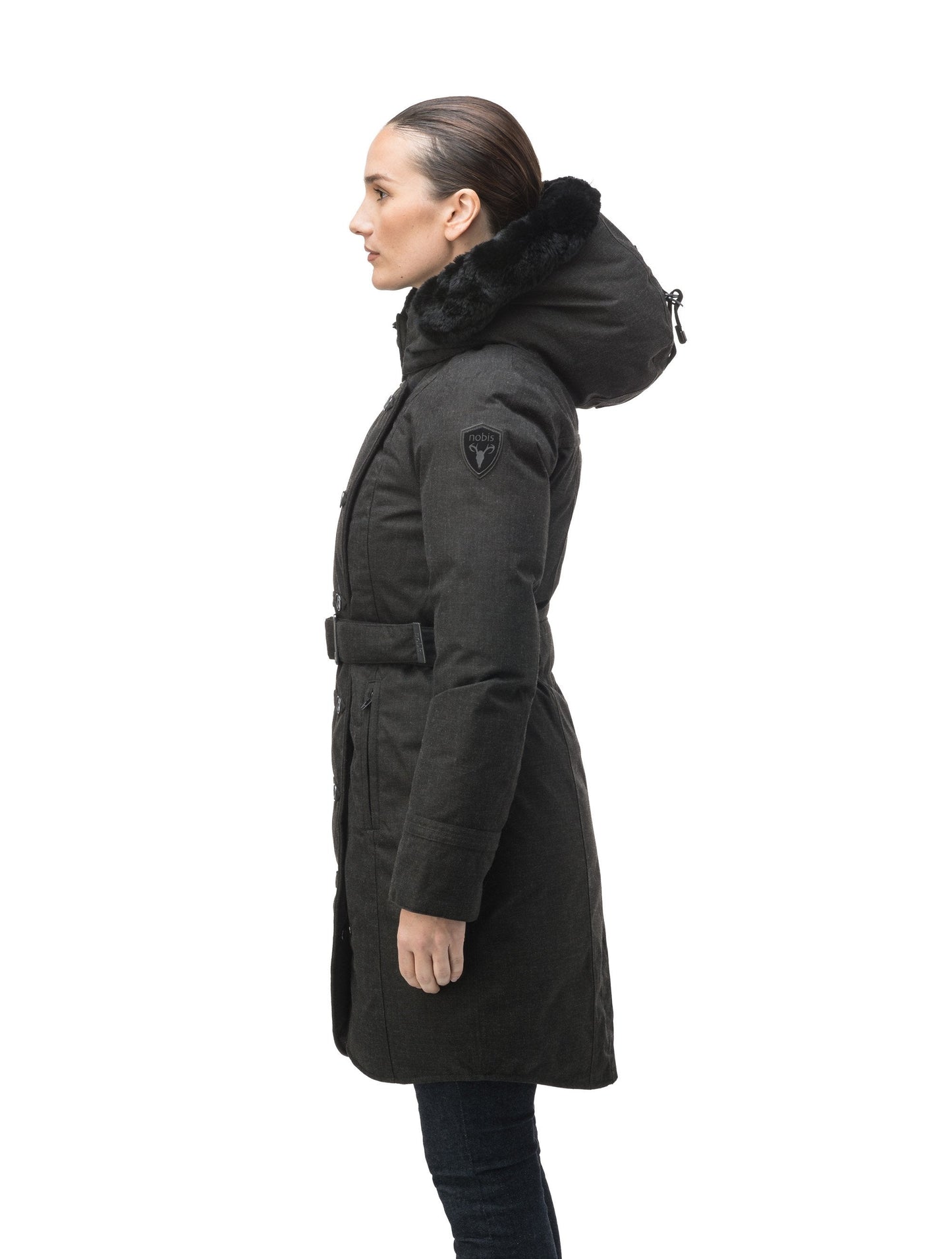 Women's down filled calf length parka with belted waist, and removable Rex Rabbit fur collar in H. Black
