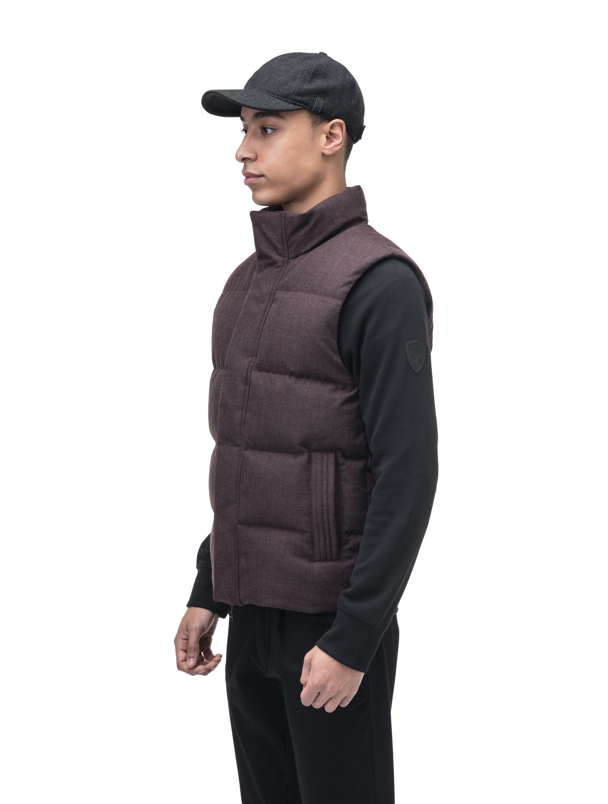 Vale Men's Quilted Vest in hip length, Canadian duck down insulation, and two-way zipper, in H. Burgundy