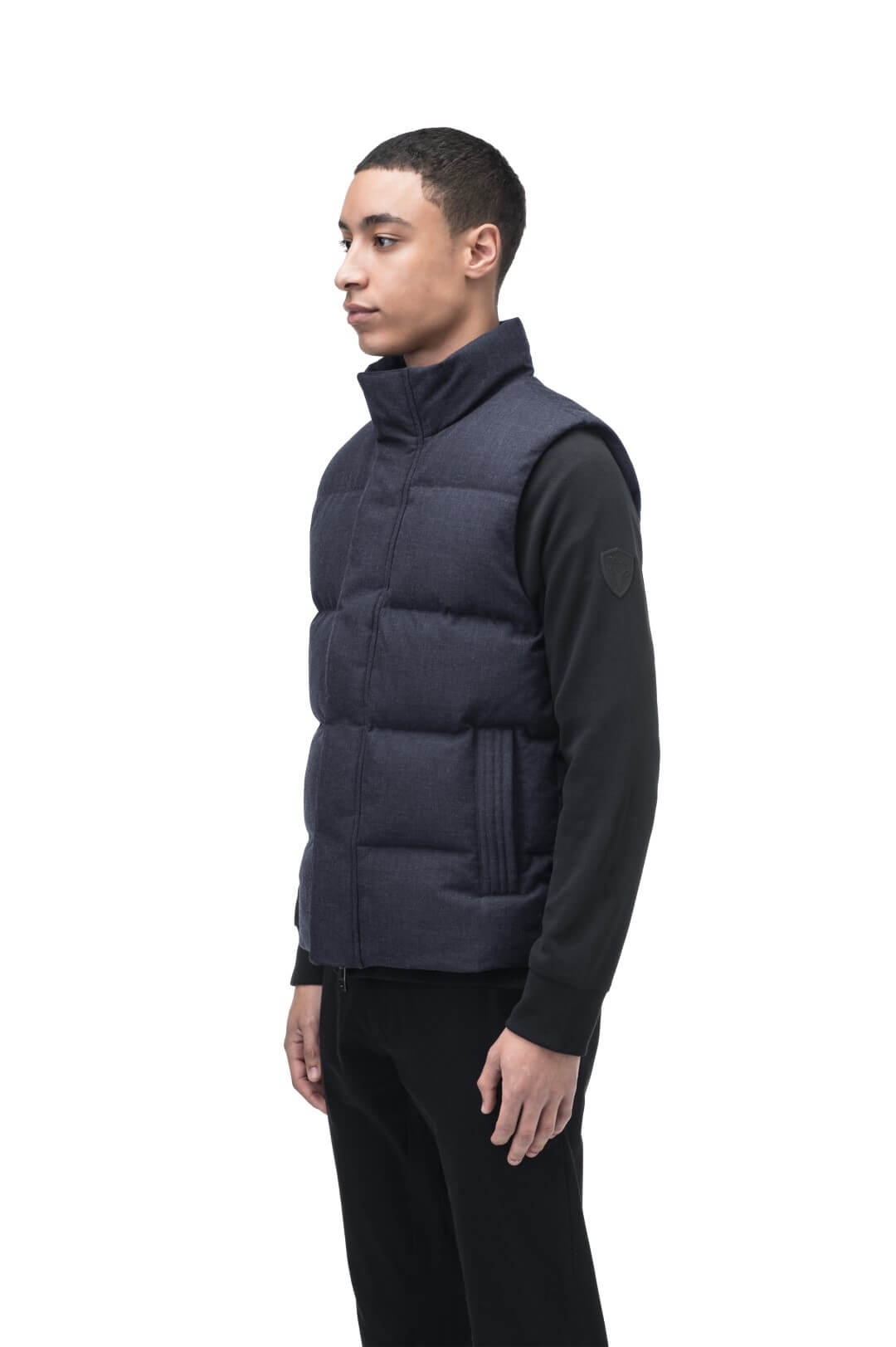 Vale Men's Quilted Vest in hip length, Canadian duck down insulation, and two-way zipper, in H. Navy