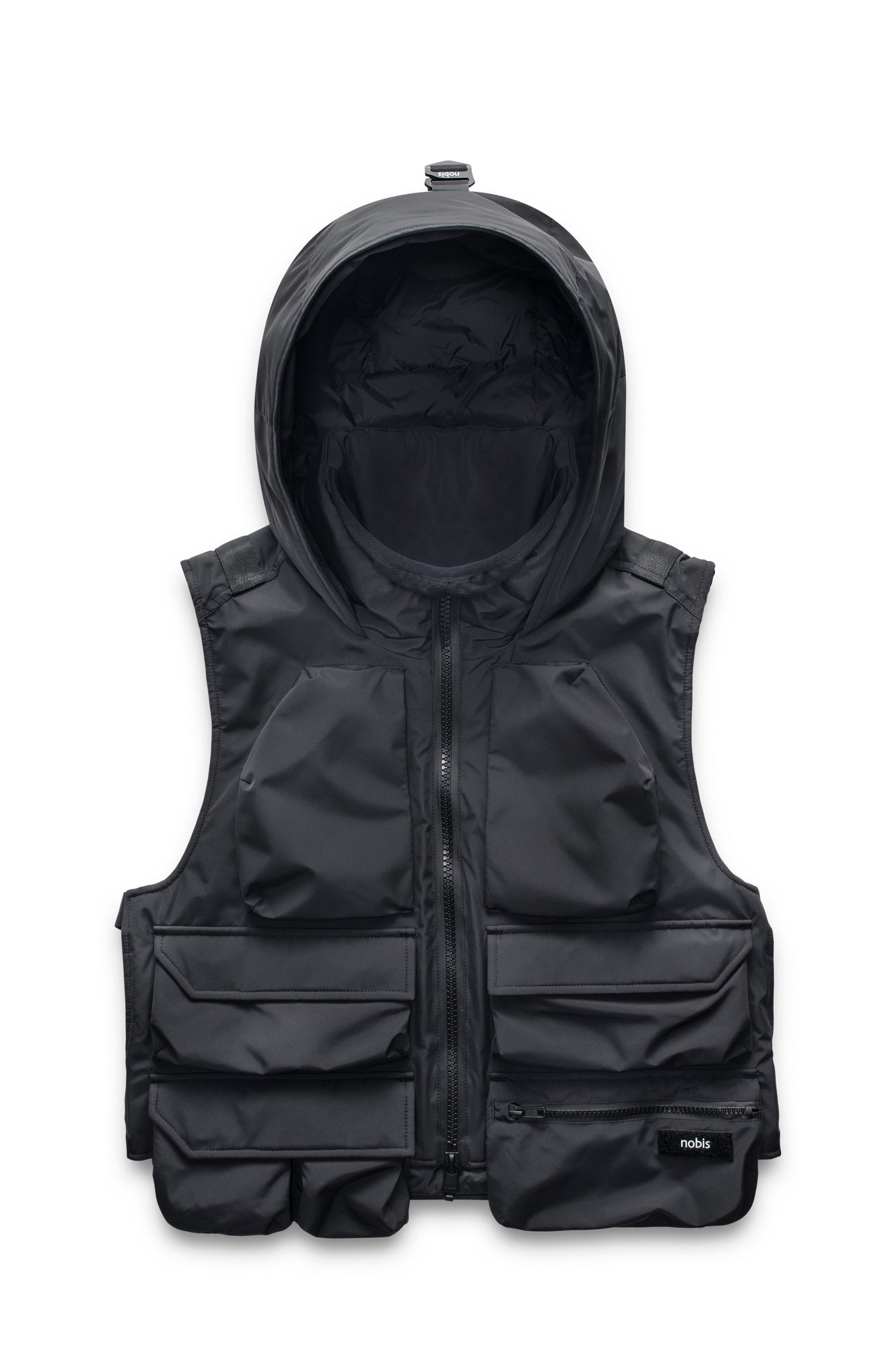 Vulcan Unisex Tactical Vest in waist length, Primaloft Gold Insulation Active, non-removable hood, removable face mask, seven pockets on front and back, and two-way front zipper, in Black