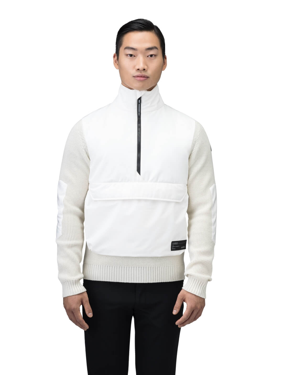 Wai Men's Performance Half Zip Sweater in hip length, 3-Ply Micro Denier and Merino wool knit fabrication, Primaloft Gold Insulation Active+, centre front zipper, flap kangaroo pocket with magnetic closure, and hidden side-entry zipper pockets at waist, in Chalk