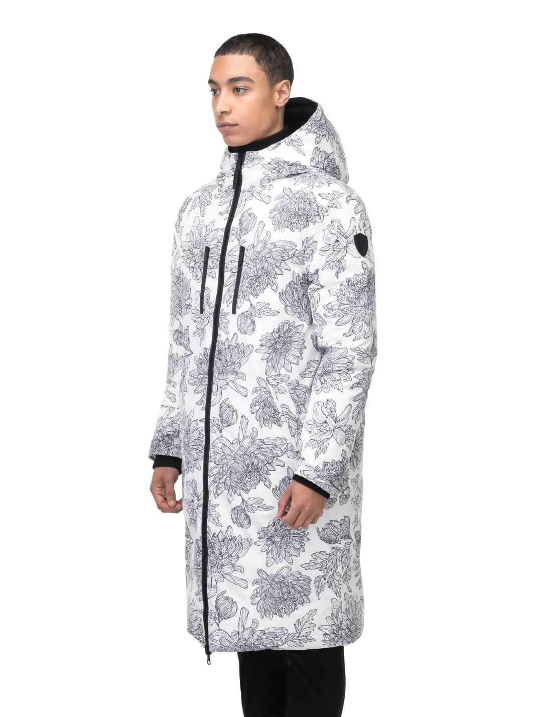 Men's knee length reversible down-filled parka with non-removable hood in White Floral Print