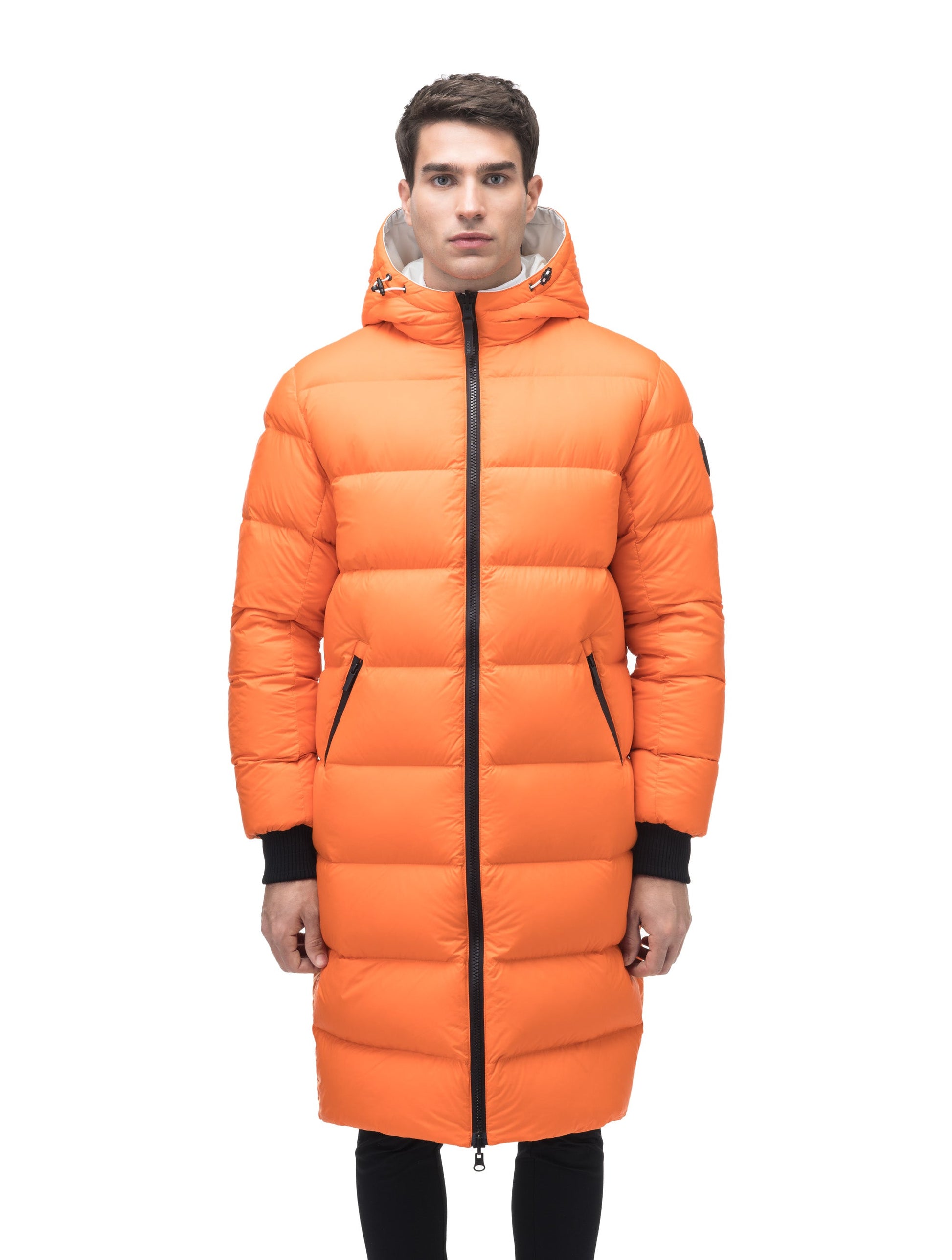 Men's knee length reversible down-filled parka with non-removable hood in Chalk/Atomic