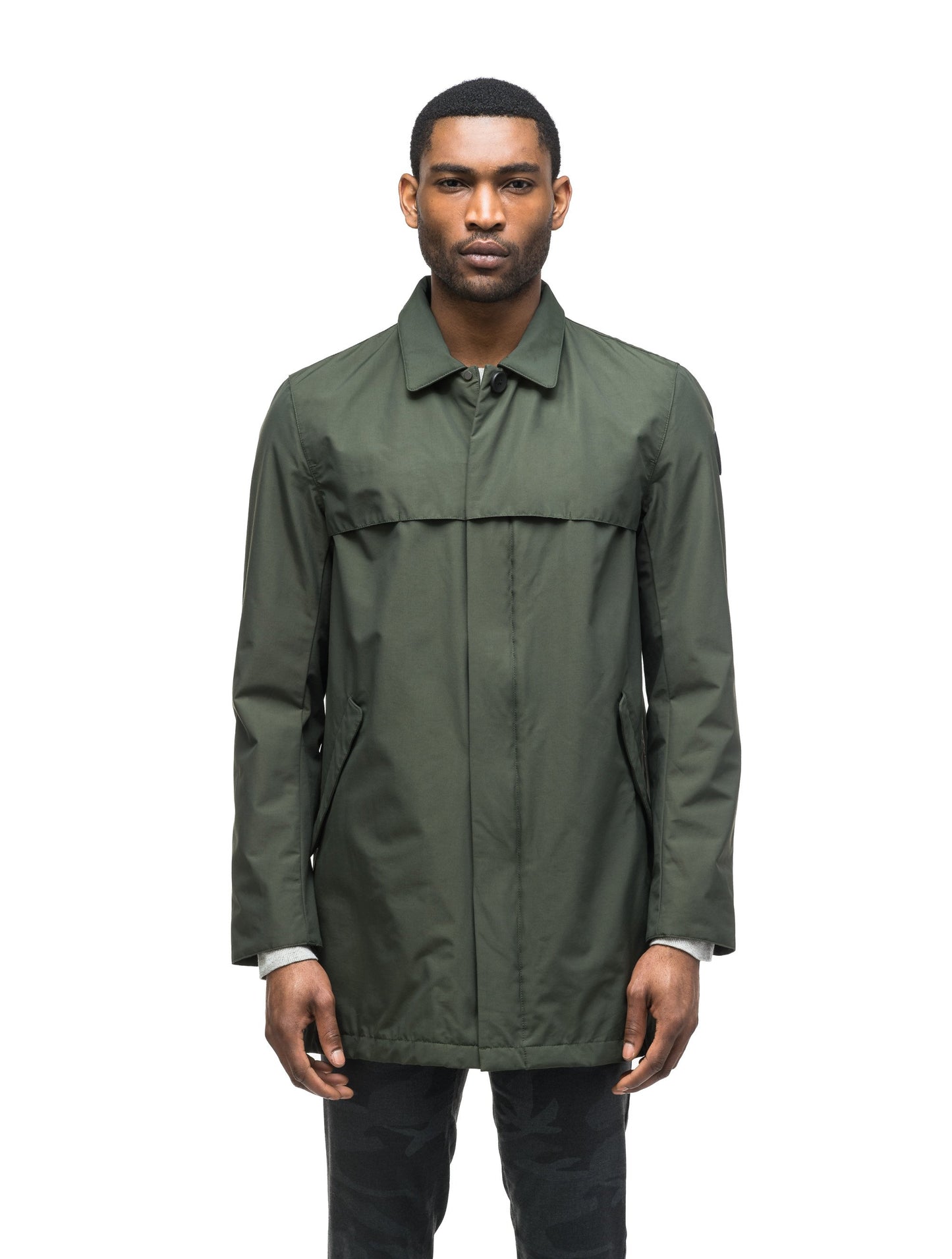Men's waist length raincoat with a magnetic placket and top button detail in Dk Forest