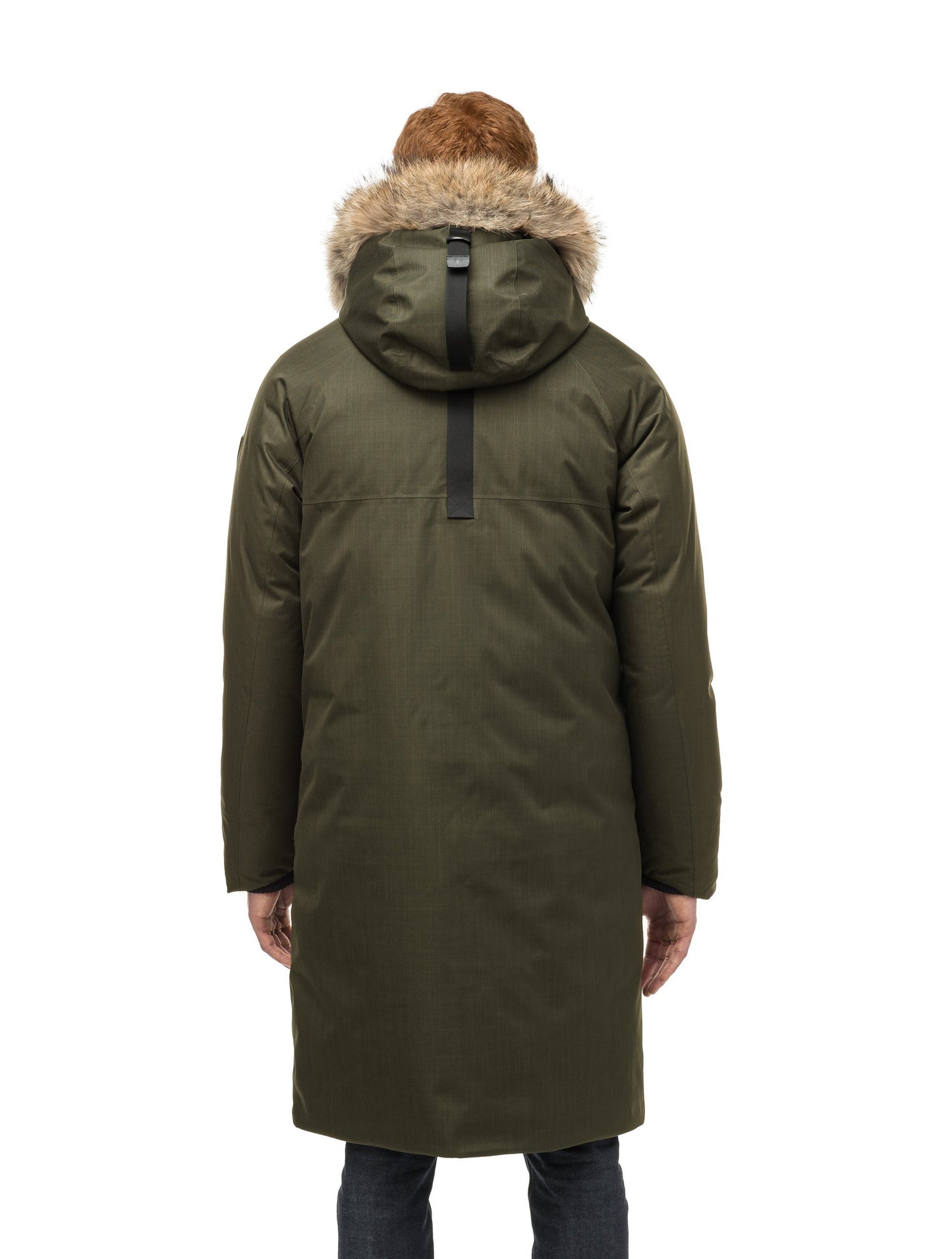 This ankle length men's down filled parka doubles as an over coat with a removable fur trim on the hood in Fatigue