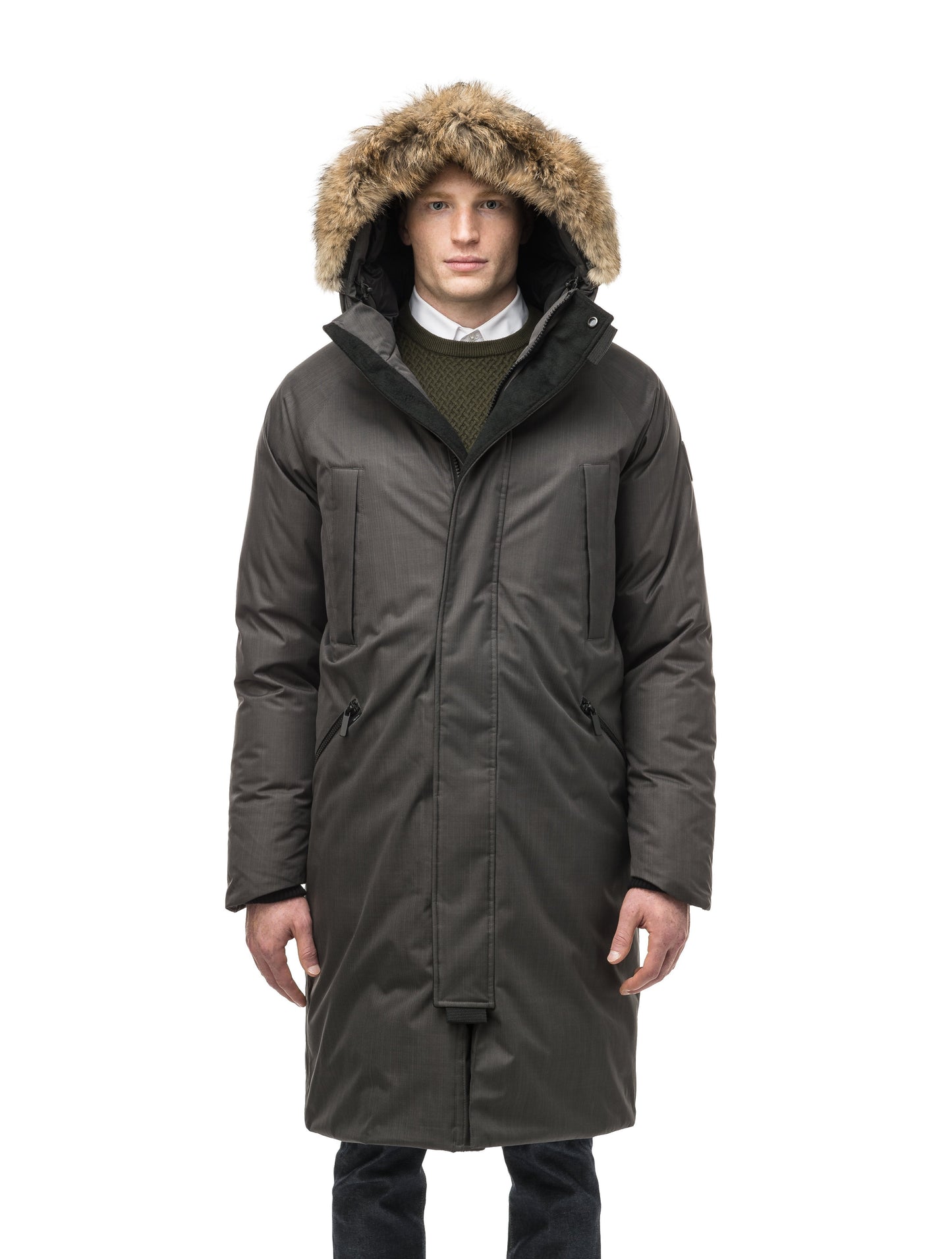 This ankle length men's down filled parka doubles as an over coat with a removable fur trim on the hood in Steel Grey