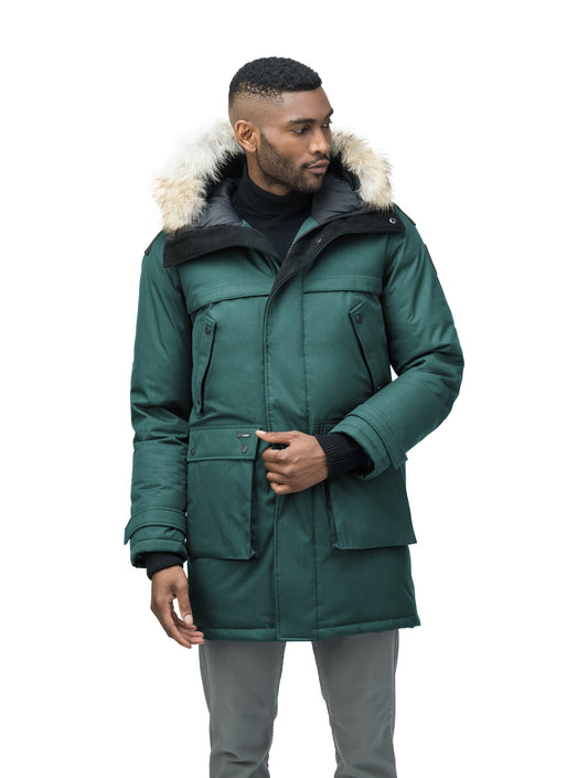 Men's Best Selling Parka the Yatesy is a down filled jacket with a zipper closure and magnetic placket in Forest