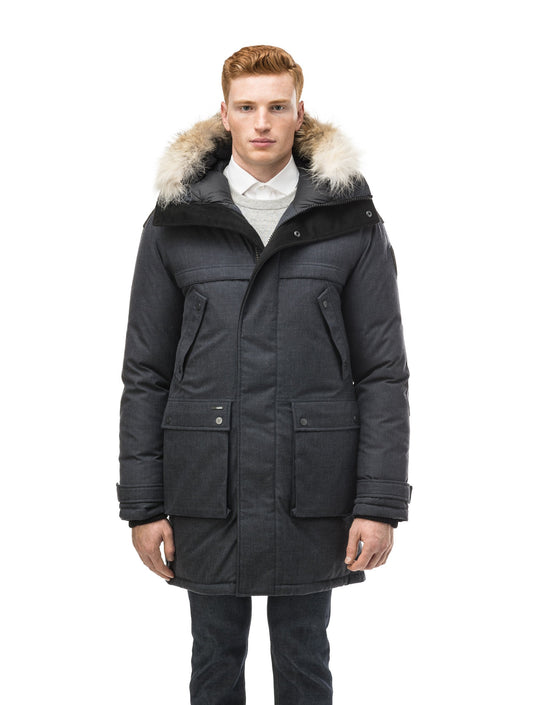 Men's Best Selling Parka the Yatesy is a down filled jacket with a zipper closure and magnetic placket in H. Navy
