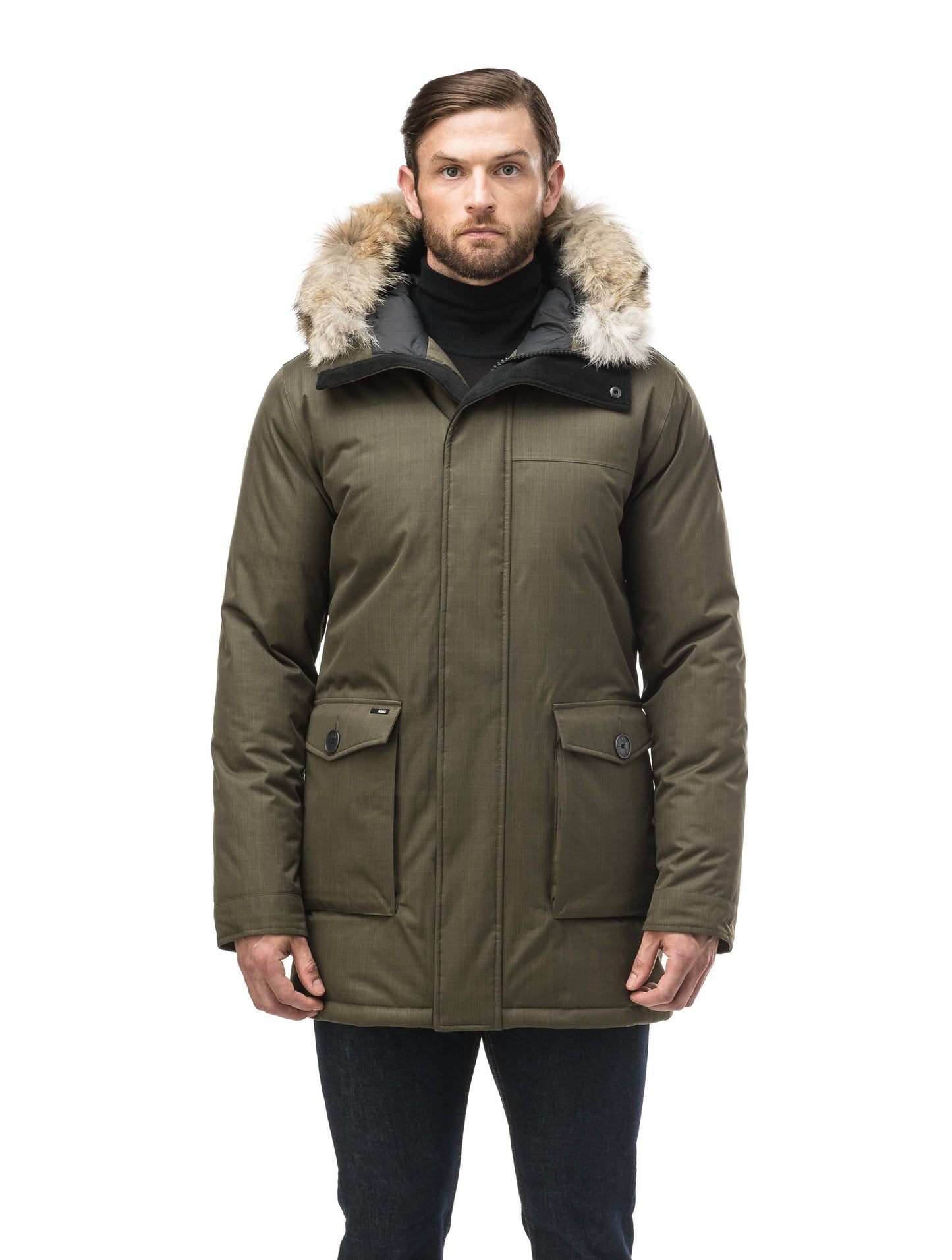 Men's slim fitting waist length parka with removable fur trim on the hood and two waist patch pockets in CH Army Green
