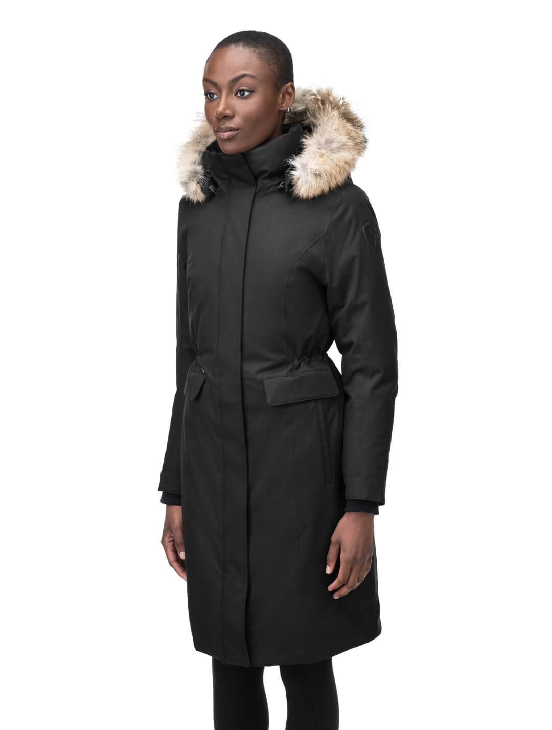 Zenith Ladies Knee Length Parka in knee length, Canadian duck down insulation, removable hood with removable fur ruff trim, and two-way front zipper, in Black