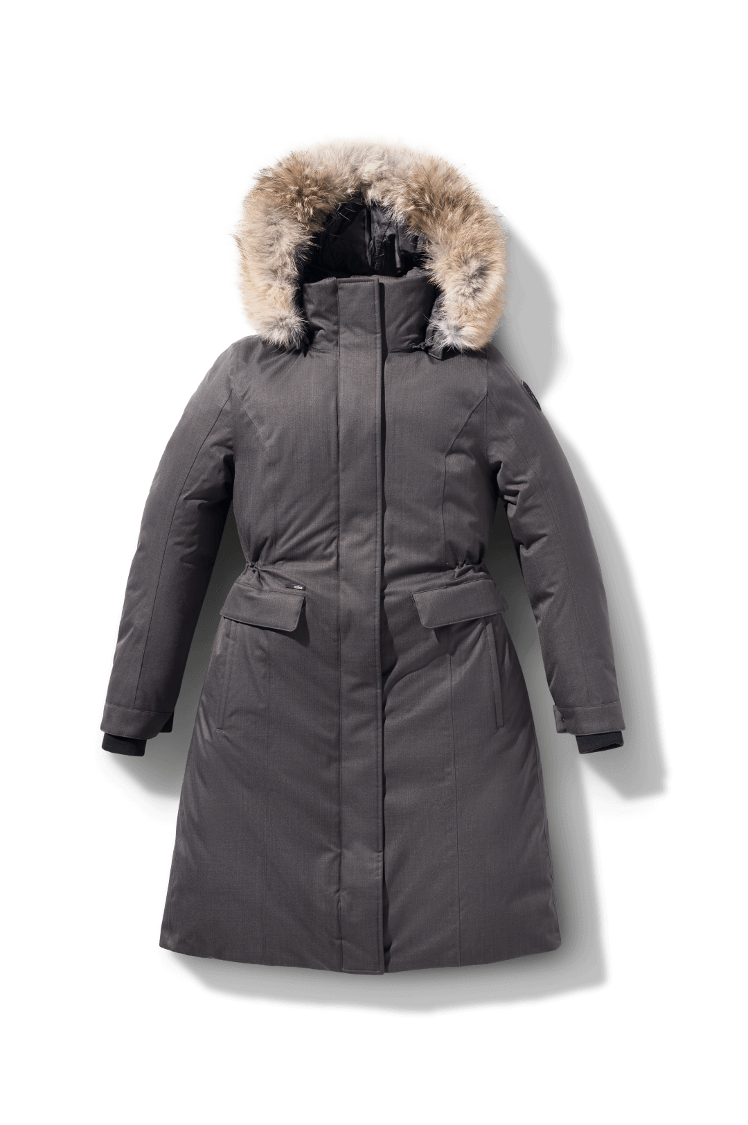 Zenith Ladies Knee Length Parka in knee length, Canadian duck down insulation, removable hood with removable fur ruff trim, and two-way front zipper, in Steel Grey