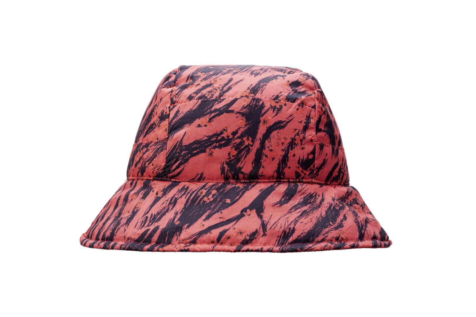 Lunar New Year Reversible Bucket Hat with one side in red tiger print, and the reverse side in tonal red with Nobis label branding on the crown front, in Vermillion