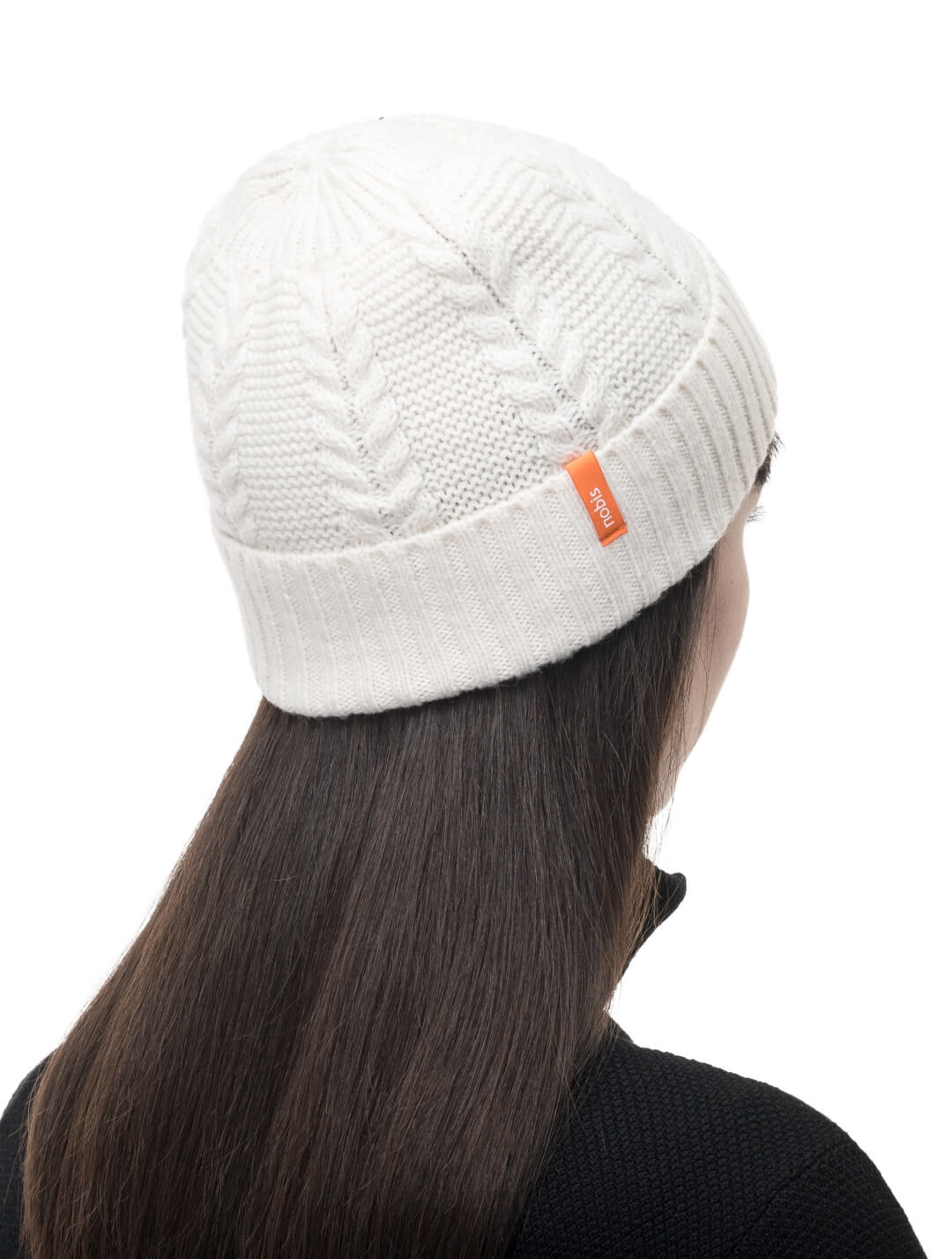 No Cold Shoulder unisex beanie with cable stitched crown, two by two rib knit cuff, with dual orange wrap labels along cuff, in Chalk