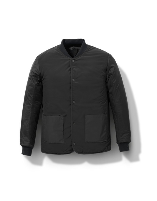 Speck Men's Tailored Mid Layer Jacket in hip length, Primaloft Gold Insulation Active+, diamond quilted body, rib knit collar and cuffs, snap buton front closure, and hidden side-entry zipper pockets at waist, in Black