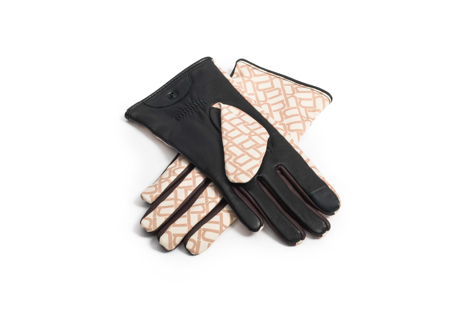 Mai Ladies Classic Driving Gloves with lambskin exterior, cashmere lining, touch screen fingertips, and elasticized wrists, in Angora Monogram